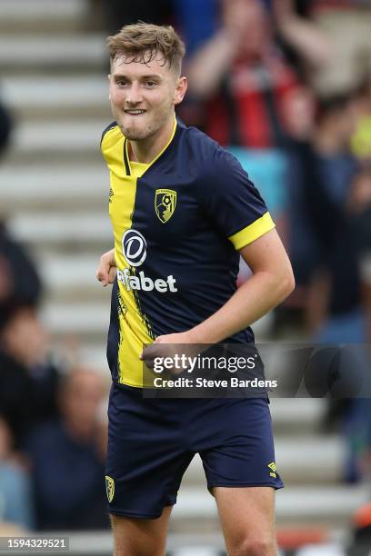 David Brooks of Bournemouth celebrates scoring the opening goal during the pre-season friendly match between AFC Bournemouth v Lorient at Vitality...