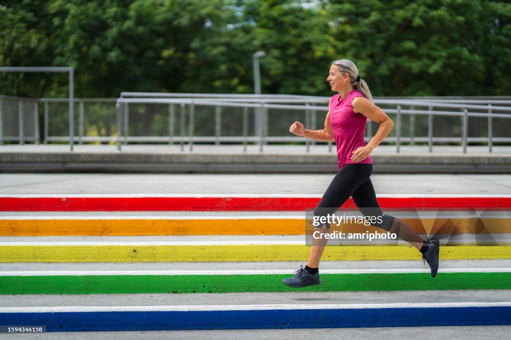 Step Jogging Woman Jogging Over Colorful Steps High-Res Stock Photo - Getty Images
