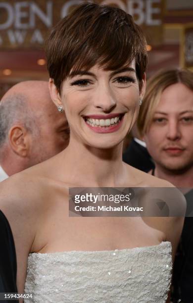 Anne Hathaway attends Moet & Chandon At The 70th Annual Golden Globe Awards Red Carpet at The Beverly Hilton Hotel on January 13, 2013 in Beverly...