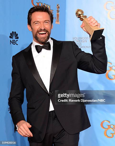 70th ANNUAL GOLDEN GLOBE AWARDS -- Pictured: Actor Hugh Jackman, winner Best Actor in a Motion Picture, Comedy or Musical for 'Les Miserables', poses...