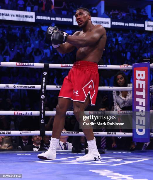 Anthony Joshua knocks out Robert Helenius during their Heavyweight Fight at The O2 Arena on August 12, 2023 in London, England.