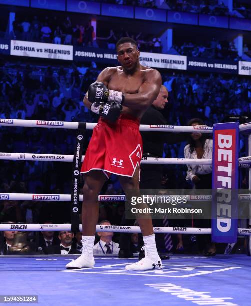 Anthony Joshua knocks out Robert Helenius during their Heavyweight Fight at The O2 Arena on August 12, 2023 in London, England.