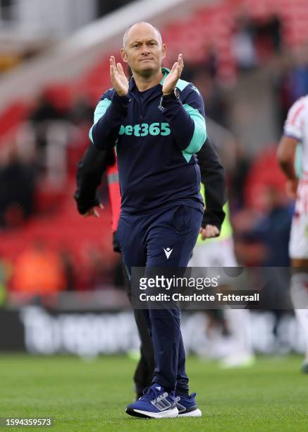 Alex Neil, Manager of Stoke City, applauds fans following the Sky Bet Championship match between Stoke City and Rotherham United at Bet365 Stadium on...