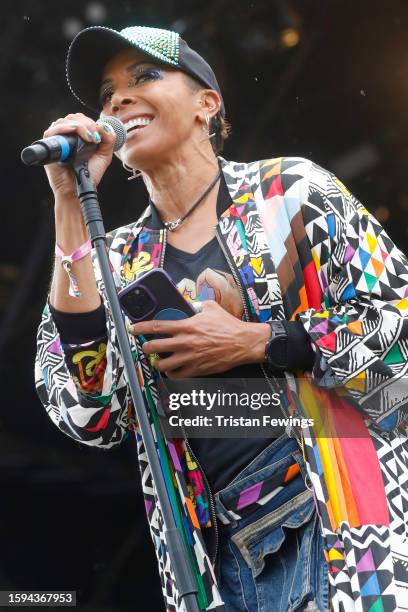 Dame Kelly Holmes gives a speech on the main stage at Fabuloso during the Brighton & Hove Pride 2023 on August 05, 2023 in Brighton, England.