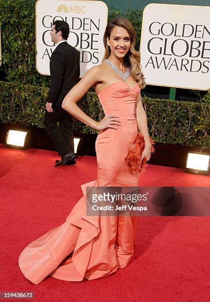 Actress Jessica Alba arrives at the 70th Annual Golden Globe Awards held at The Beverly Hilton Hotel on January 13, 2013 in Beverly Hills, California.