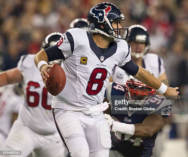 New England Patriots player Justin Francis puts pressure on Houston Texans quarterback Matt Schaub, forcing an incomplete pass during third quarter...