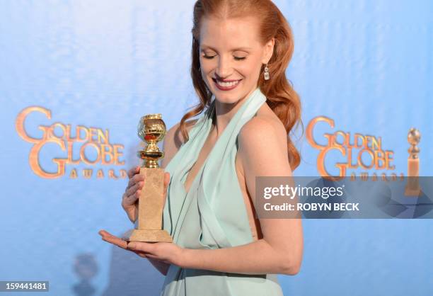 Jessica Chastain poses in the press room with her Best Performance by an actress in a motion picture drama award for "Zero Dark Thirty" at the Golden...