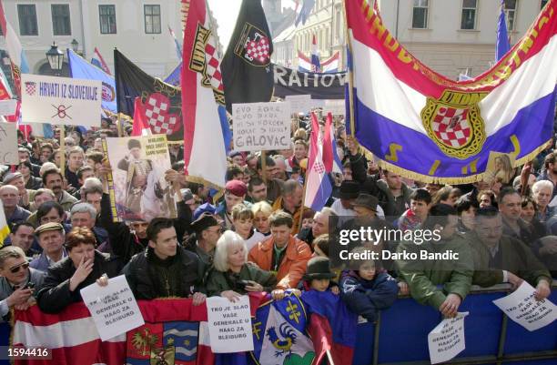 Croatian war veterans protest February 15, 2001 against accusations that Croatian Army General Mirko Norac committed war crimes against Serb citizens...