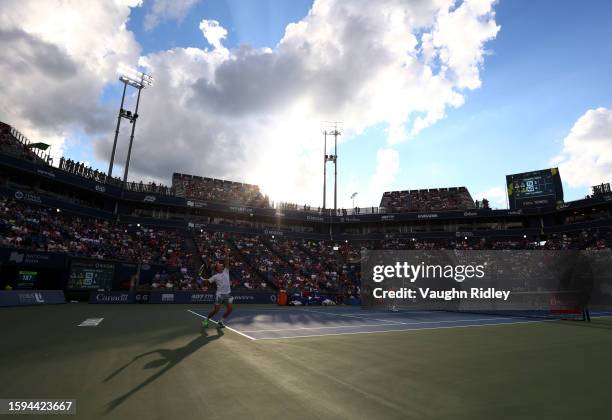 Joe Salisbury of Great Britain serves against Kevin Krawietz and Tim Puetz of Germany during Day Six of the National Bank Open, part of the Hologic...