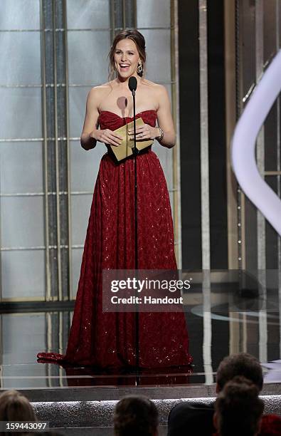 In this handout photo provided by NBCUniversal, Actress Jennifer Garner on stage to present during the 70th Annual Golden Globe Awards at the Beverly...