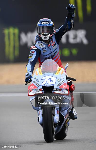 Alex Marquez of Spain celebrates as he wins the MotoGP of Great Britain - Sprint Race at Silverstone Circuit on August 05, 2023 in Northampton,...