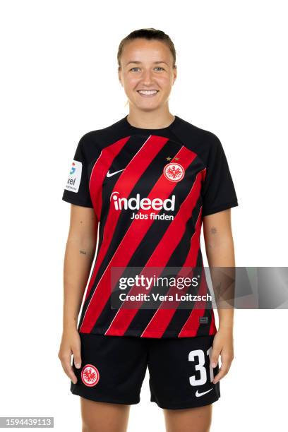 Tanja Pawollek poses during the team presentation of Eintracht Frankfurt Women's at Eintracht Frankfurt Proficamp on August 4, 2023 in Frankfurt am...