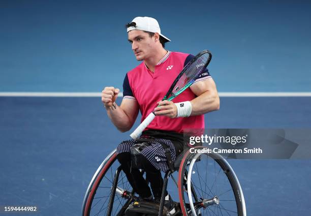 Gustavo Fernandez of Argentina celebrates a point against Alfie Hewett and Gordon Reid of Great Britain in the men's doubles final during the Lexus...