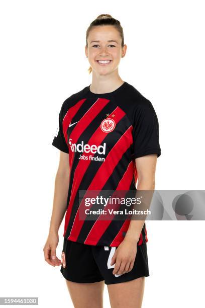 Anna Aehling poses during the team presentation of Eintracht Frankfurt Women's at Eintracht Frankfurt Proficamp on August 4, 2023 in Frankfurt am...