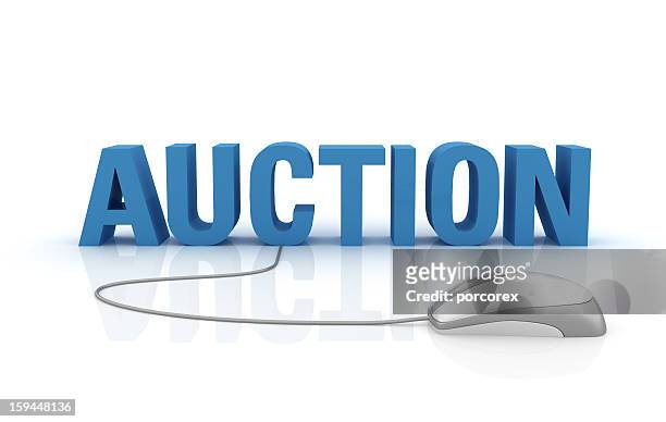 3d word auction with computer mouse - auction stock pictures, royalty-free photos & images