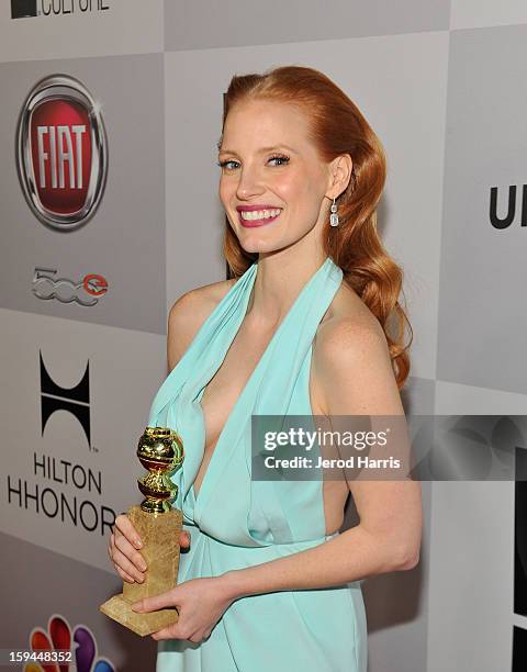 Actress Jessica Chastain, winner of Best Actress in a Motion Picture for "Zero Dark Thirty," attends the NBCUniversal Golden Globes viewing and after...