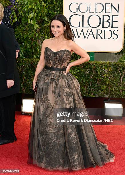 70th ANNUAL GOLDEN GLOBE AWARDS -- Pictured: Actress Julia Louis-Dreyfus arrives to the 70th Annual Golden Globe Awards held at the Beverly Hilton...