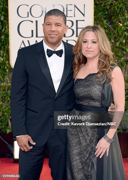 70th ANNUAL GOLDEN GLOBE AWARDS -- Pictured: Director Peter Ramsey and producer Christina Steinberg arrive to the 70th Annual Golden Globe Awards...