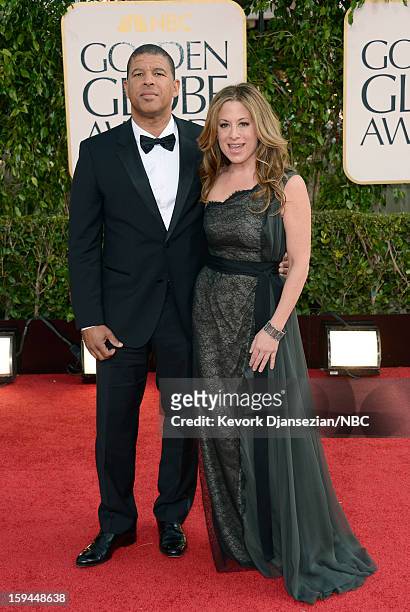 70th ANNUAL GOLDEN GLOBE AWARDS -- Pictured: Director Peter Ramsey and producer Christina Steinberg arrive to the 70th Annual Golden Globe Awards...