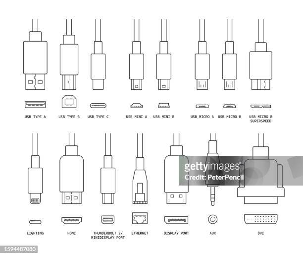 cable connectors - vector icon set. usb, hdmi, lightning, ethernet and others. male and female. isolated on white background - network connection plug 幅插畫檔、美工圖案、卡通及圖標