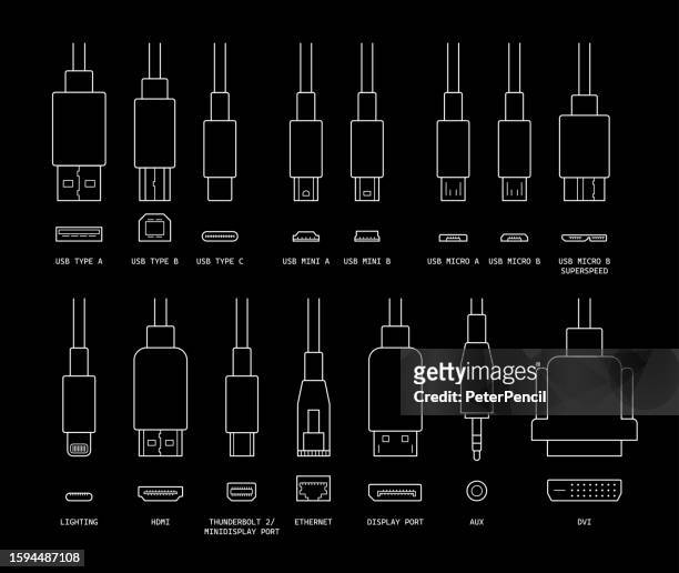 cable connectors - vector icon set. usb, hdmi, lighting, ethernet and others. isolated on black background - usb cable stock illustrations
