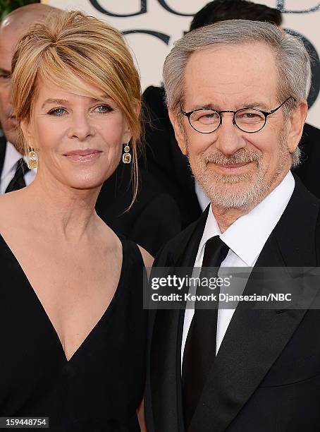 70th ANNUAL GOLDEN GLOBE AWARDS -- Pictured: Actress Kate Capshaw and Director Steven Spielberg arrive to the 70th Annual Golden Globe Awards held at...