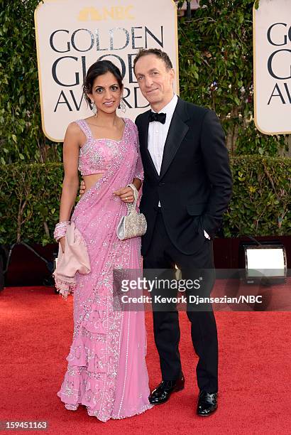 70th ANNUAL GOLDEN GLOBE AWARDS -- Pictured: Composer Mychael Danna, winner Best Original Score - Motion Picture for 'Life of Pi', and guest arrive...