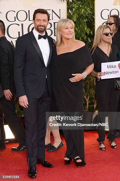 70th ANNUAL GOLDEN GLOBE AWARDS -- Pictured: Hugh Jackman and Deborra-Lee Furness arrive to the 70th Annual Golden Globe Awards held at the Beverly...
