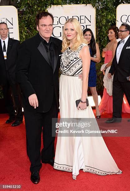 70th ANNUAL GOLDEN GLOBE AWARDS -- Pictured: Quentin Tarantino and guest arrive to the 70th Annual Golden Globe Awards held at the Beverly Hilton...