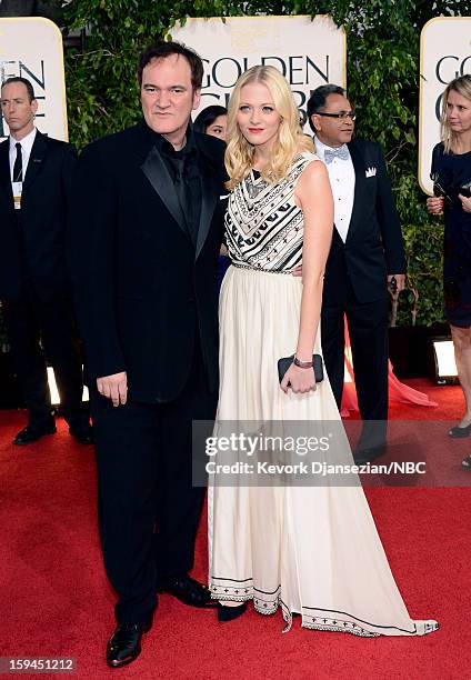 70th ANNUAL GOLDEN GLOBE AWARDS -- Pictured: Quentin Tarantino and guest arrive to the 70th Annual Golden Globe Awards held at the Beverly Hilton...