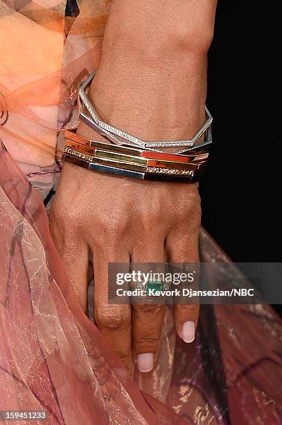 70th ANNUAL GOLDEN GLOBE AWARDS -- Pictured: Fashion detail as Halle Berry arrives to the 70th Annual Golden Globe Awards held at the Beverly Hilton...