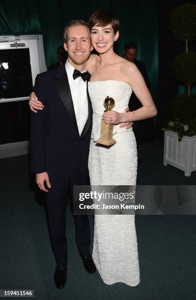 Anne Hathaway and Adam Shulman attend the NBCUniversal Golden Globes viewing and after party held at The Beverly Hilton Hotel on January 13, 2013 in...