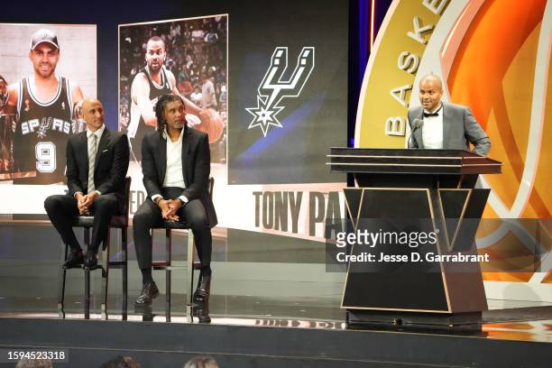 Tony Parker speaks at the 2023 Basketball Hall of Fame Enshrinement Ceremony on August 12, 2023 at Springfield Marriott in Springfield,...