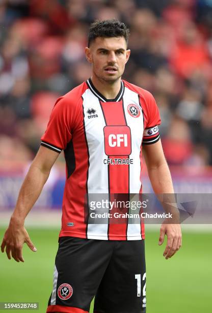 John Egan of Sheffield United in action during the pre-season friendly match between Sheffield United and VfB Stuttgart at Bramall Lane on August 05,...