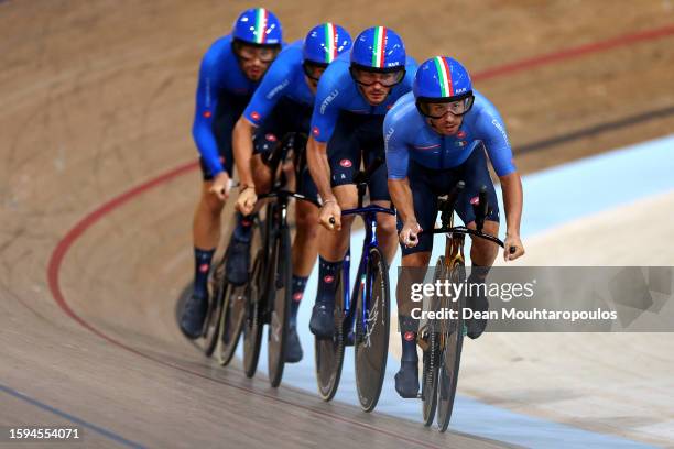 Filippo Ganna, Francesco Lamon, Jonathan Milan and Manlio Moro of Italy compete during the men elite team pursuit - Gold Medal Final in the 96th UCI...