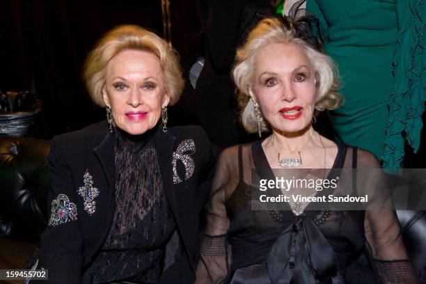 Actors Tippi Hedren and Julie Newmar attend GLEH's Golden Globe viewing gala at Jim Henson Studios on January 13, 2013 in Hollywood, California.