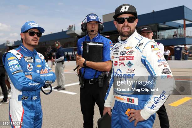 Kyle Larson, driver of the HendrickCars.com Chevrolet, crew chief Cliff Daniels and Ricky Stenhouse Jr., driver of the Kroger/Minute Rice Chevrolet,...