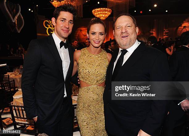 Actor John Krasinksi, actress Emily Blunt and producer Harvey Weinstein attend the 70th Annual Golden Globe Awards Cocktail Party held at The Beverly...