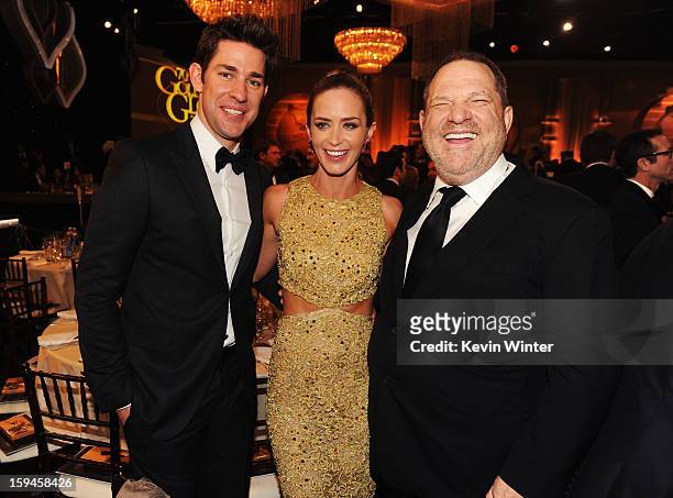 Actor John Krasinksi, actress Emily Blunt and producer Harvey Weinstein attend the 70th Annual Golden Globe Awards Cocktail Party held at The Beverly...