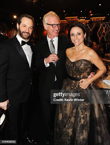 Producer Judd Apatow, producer Brad Hall and actress Julia Louis-Dreyfus attend the 70th Annual Golden Globe Awards Cocktail Party held at The...