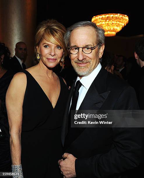 Actress Kate Capshaw and director Steven Spielberg attend the 70th Annual Golden Globe Awards Cocktail Party held at The Beverly Hilton Hotel on...