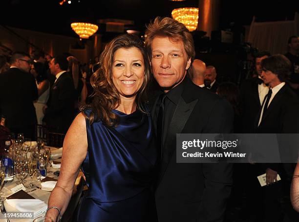 Singer Jon Bon Jovi and guest attend the 70th Annual Golden Globe Awards Cocktail Party held at The Beverly Hilton Hotel on January 13, 2013 in...