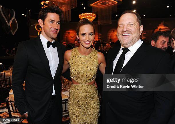 Actor John Krasinski, actress Emily Blunt and producer Harvey Weinstein attend the 70th Annual Golden Globe Awards Cocktail Party held at The Beverly...