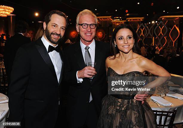 Producer Judd Apatow, producer Brad Hall and actress Julia Louis-Dreyfus attend the 70th Annual Golden Globe Awards Cocktail Party held at The...