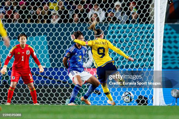 Linda Sembrant of Sweden attempts a kick while being defended by Moeka Minami of Japan during the FIFA Women's World Cup Australia & New Zealand 2023...