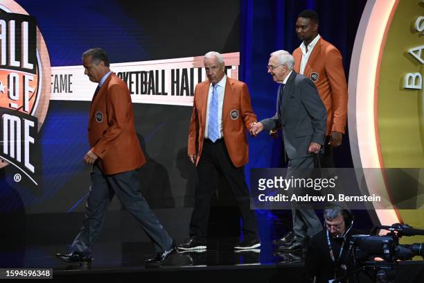 Gene Bess with Chris Bosh, John Calipari and Roy Williams at the 2023 Basketball Hall of Fame Enshrinement Ceremony on August 12, 2023 at Springfield...