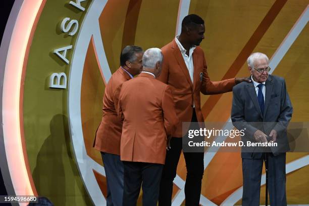 Gene Bess with Chris Bosh, John Calipari and Roy Williams at the 2023 Basketball Hall of Fame Enshrinement Ceremony on August 12, 2023 at Springfield...