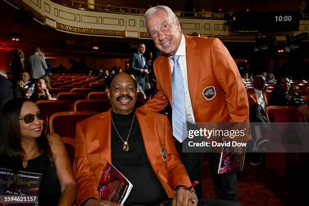 Artis Gilmore and Roy Williams pose for a photo during the 2023 Basketball Hall of Fame Enshrinement Ceremony on August 12, 2023 at Symphony Hall in...