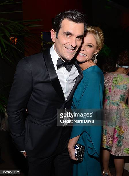 Actors Ty Burrell and Julie Bowen attend the FOX After Party for the 70th Annual Golden Globe Awards held at The FOX Pavillion at The Beverly Hilton...