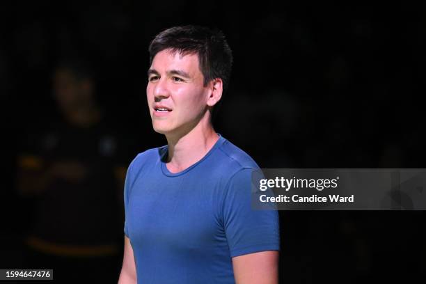 Jeopardy Masters champion James Holzhauer is introduced on court before a SlamBall game between the Mob and Slashers at the Cox Pavilion on August...